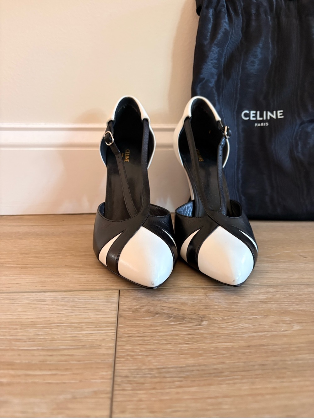 Celine Black and White Strappy Pointed-Toe Heels